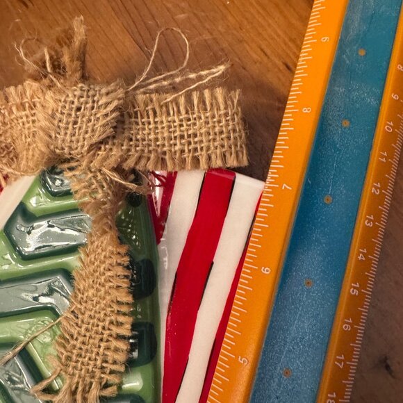 Mud pie Square Christmas tree Dessert plate Burlap Bow New Stripes Holiday RARE - Picture 10 of 10